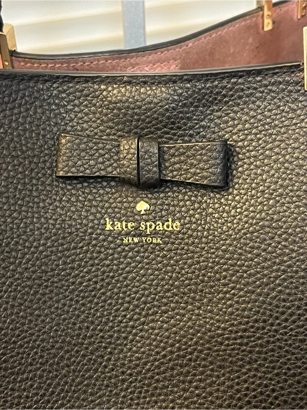 Kate Spade Black Pebbled Leather Shoulder Tote Bag With Bow Accent